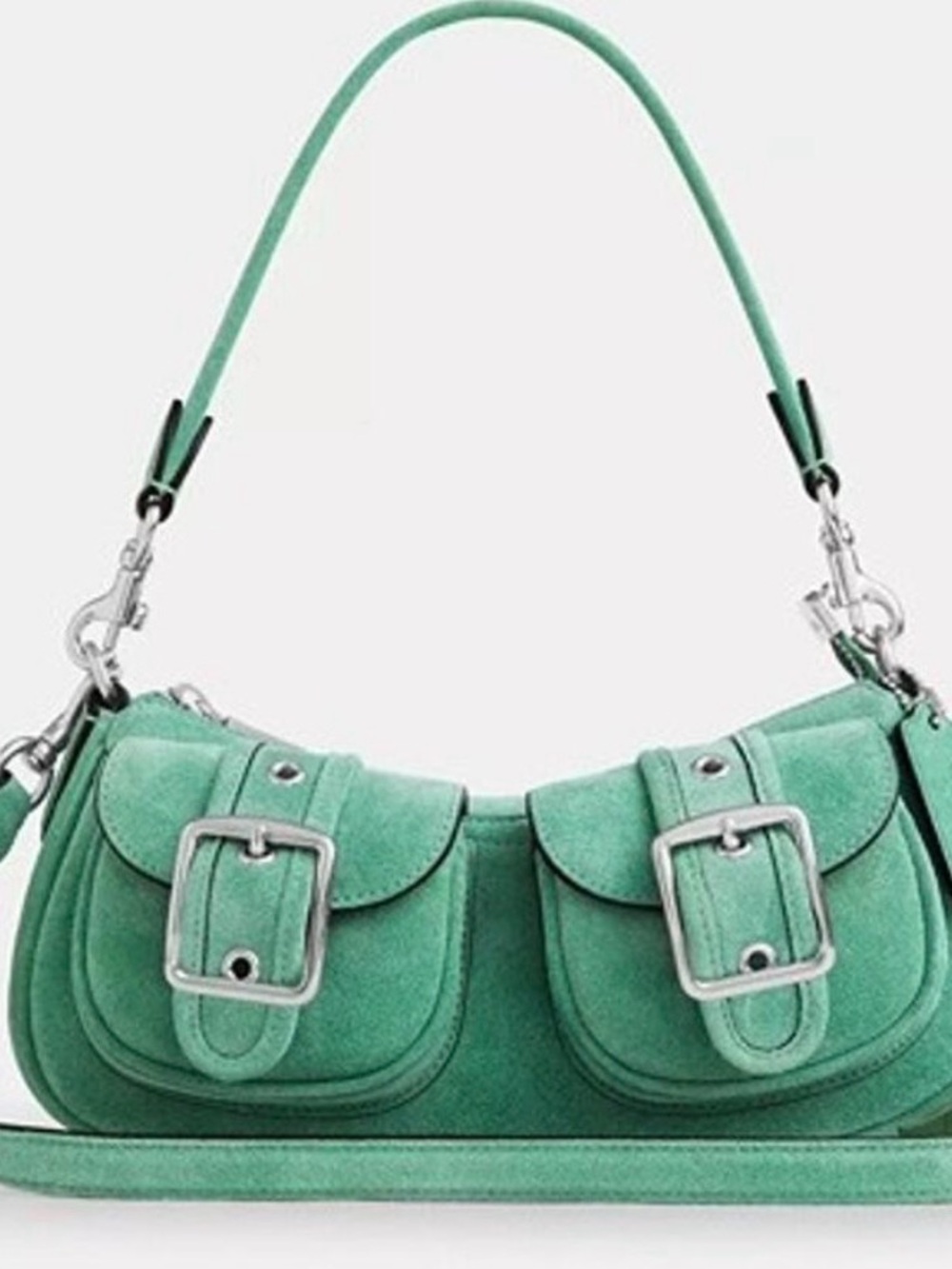 Coach Aston Bag Green Suede Shoulder Bag with Dual Buckle Pockets